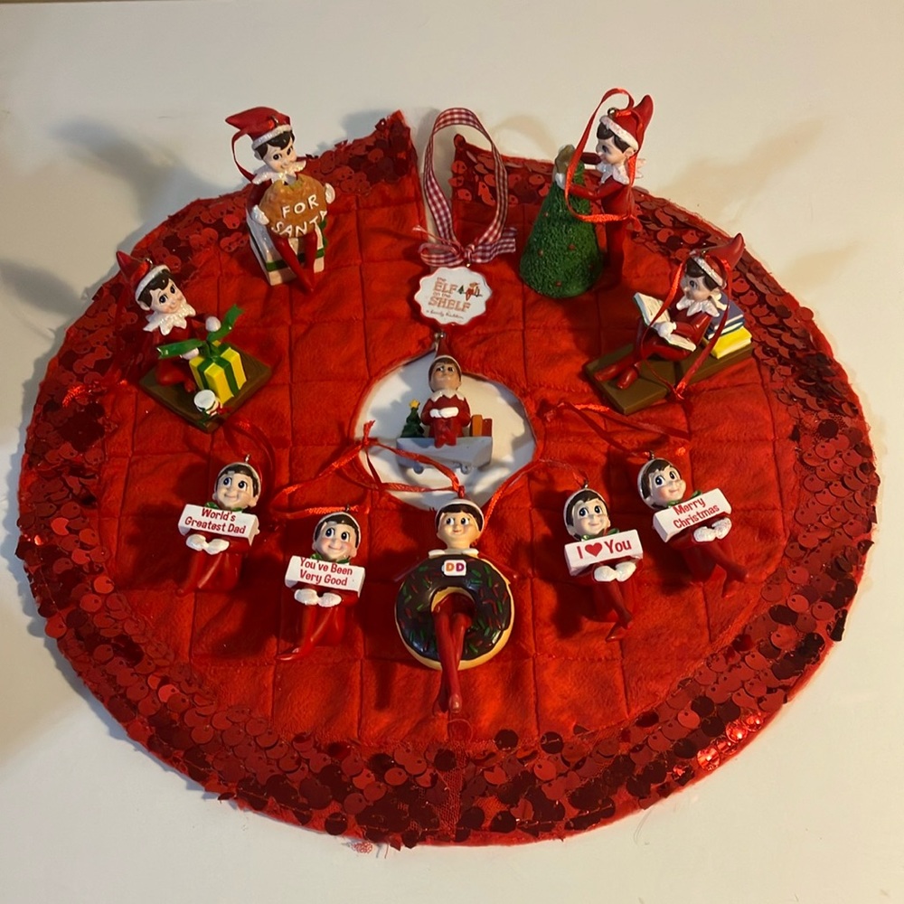 Ten Elf on the Shelf ornaments with a mini tree skirt.